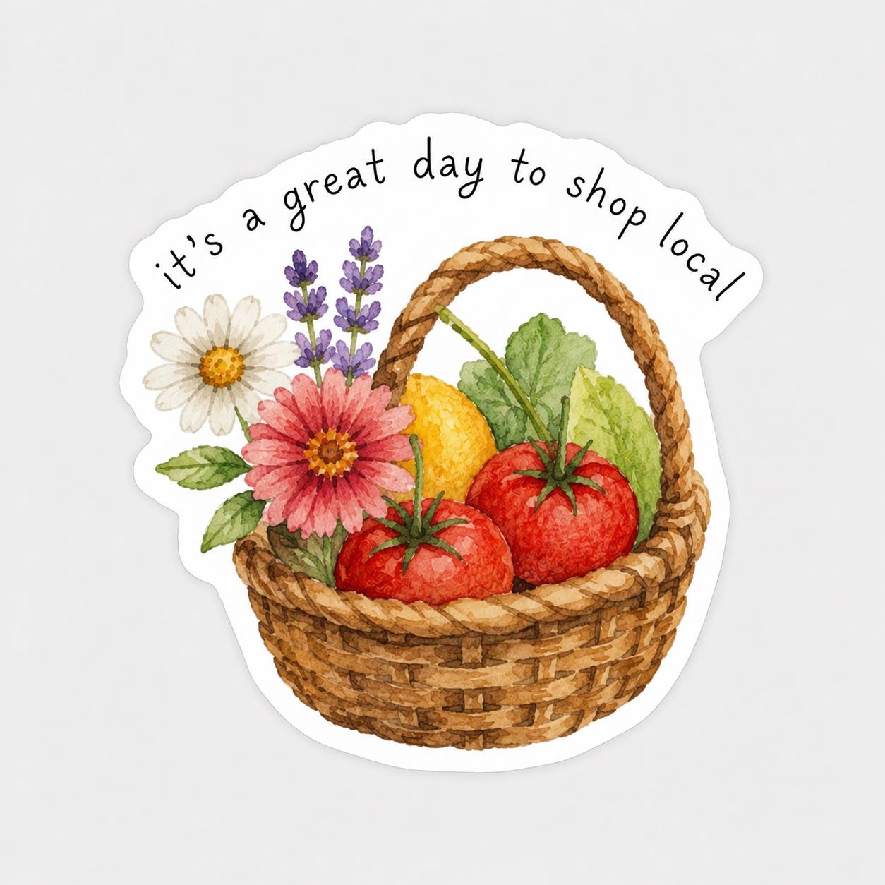 Shop Local Sticker: Watercolor Basket of Produce, 2x2 Inch Vinyl Decal